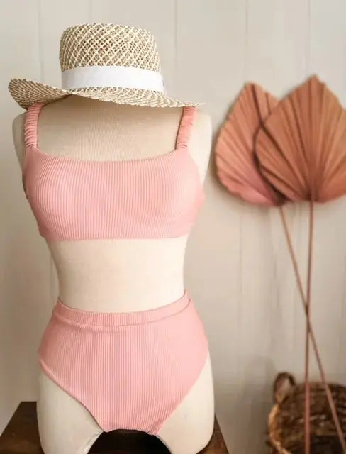 Pink Ribbed Gathered Strap Bikini Top The-Beachy-Traveler