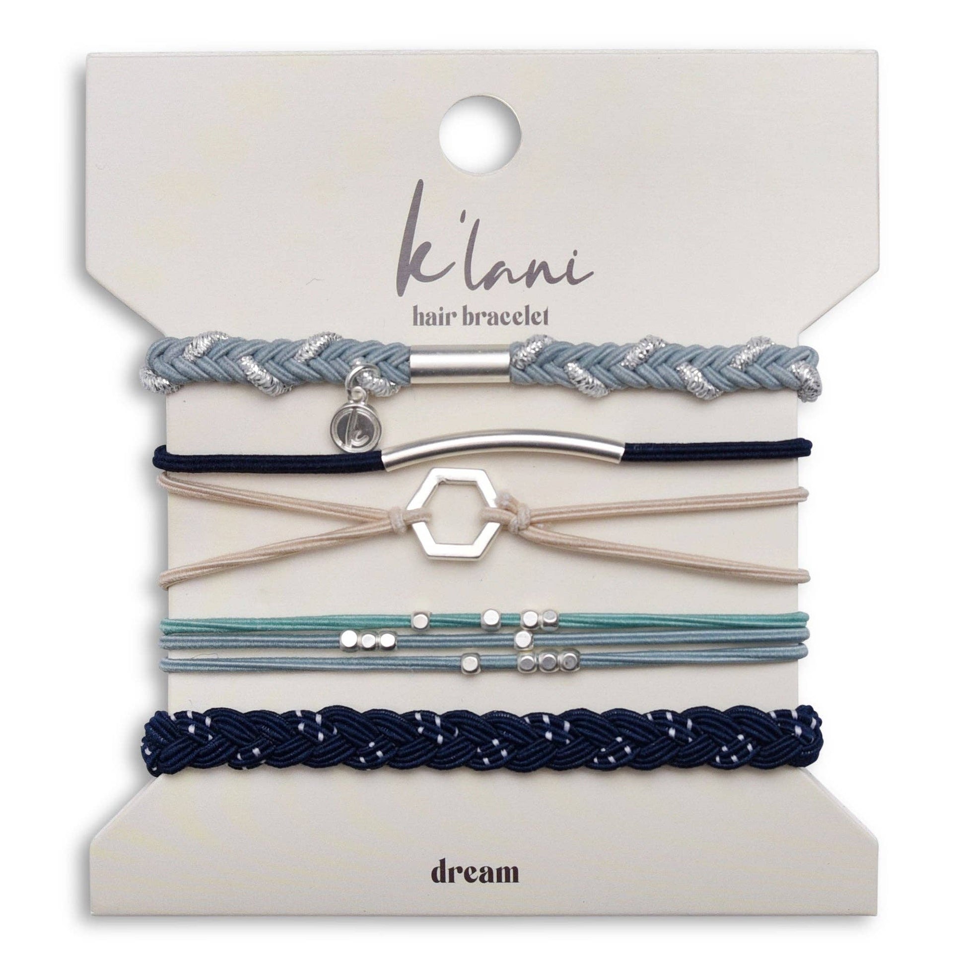 "Dream" Silver Hexagon Charm Blue Hair Tie Bracelets K'Lani hair tie bracelets