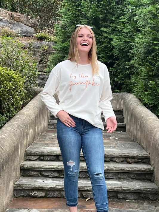 HEY THERE PUMPKIN Mineral Washed Long Sleeve Graphic Shirt OAT COLLECTIVE