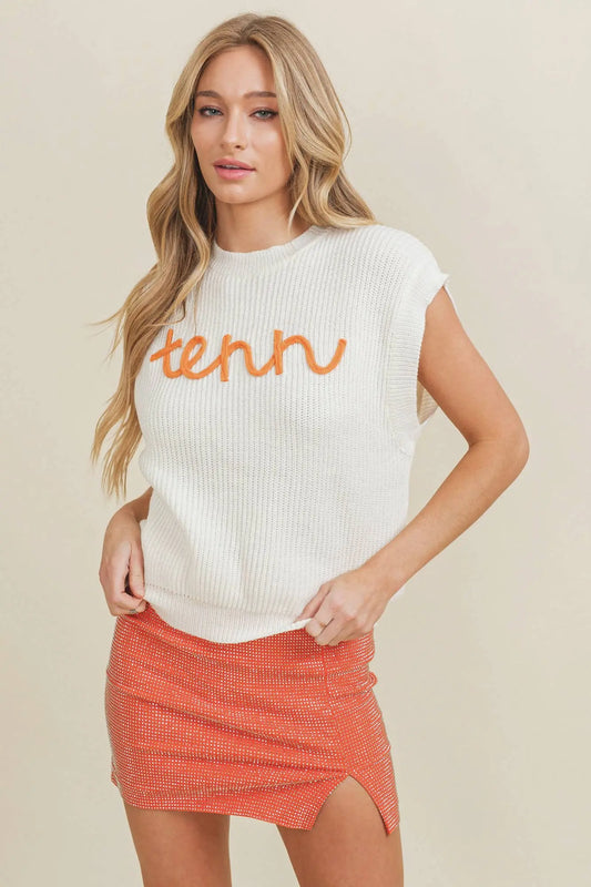 CSW10210Y - 'TENN" EMBROIDERED SLEEVELESS SWEATER TOP Cloud Ten